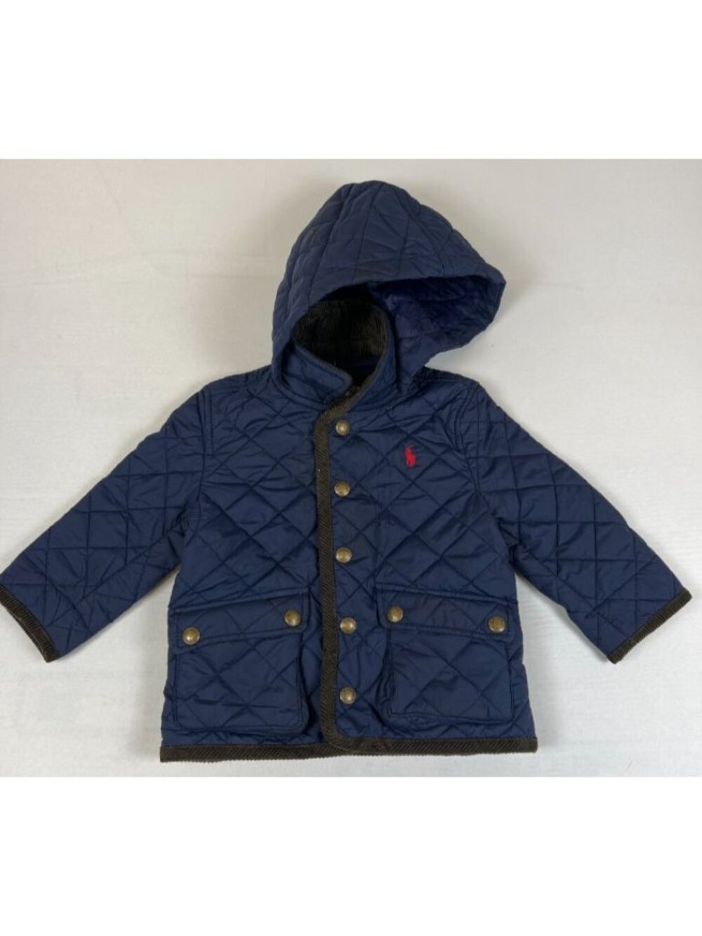 Polo Ralph Lauren Baby 12M Blue Quilted Hooded Jacket Corduroy Trim Logo